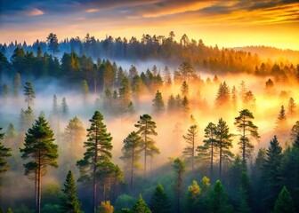 Serene Misty Pine Forest: Long Exposure Dawn Landscape Photography