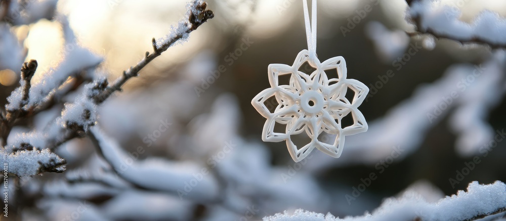 Poster snowflake ornament hanging from a snowy tree branch in a festive close-up decorative background perf