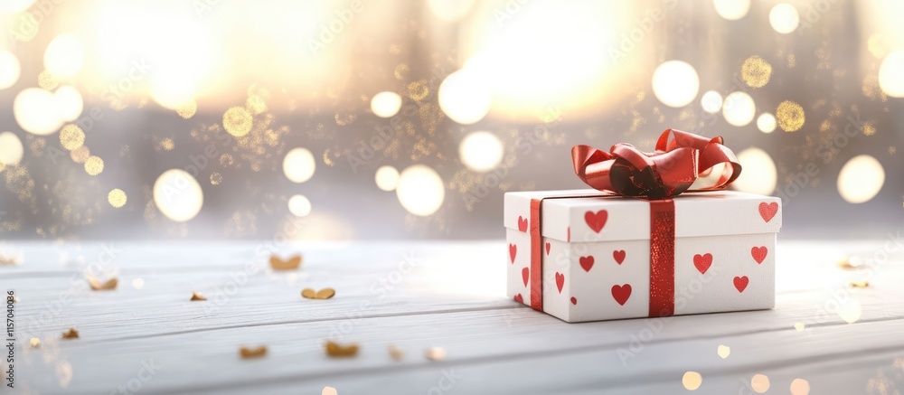 Poster Charming white gift box with red bow and heart patterns on a wooden surface surrounded by sparkling gold bokeh lights for festive occasions