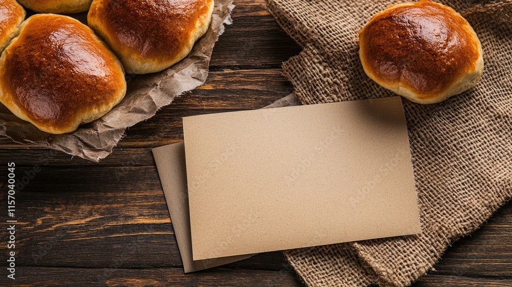 Aufkleber wheat buns rolls with cinnamon on rustic wooden surface with blank card for breakfast or luncheon se