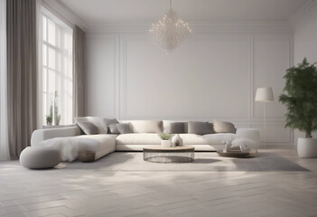 Modern interior design of living room with white sofa coffee table stucco wall 3d animation renderin