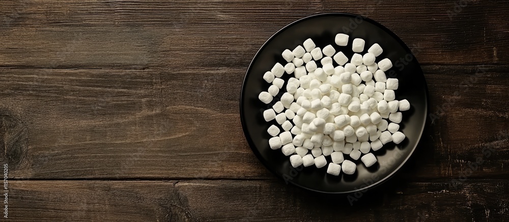 Poster mini marshmallows on a black plate with a wooden background providing space for text ideal for food 