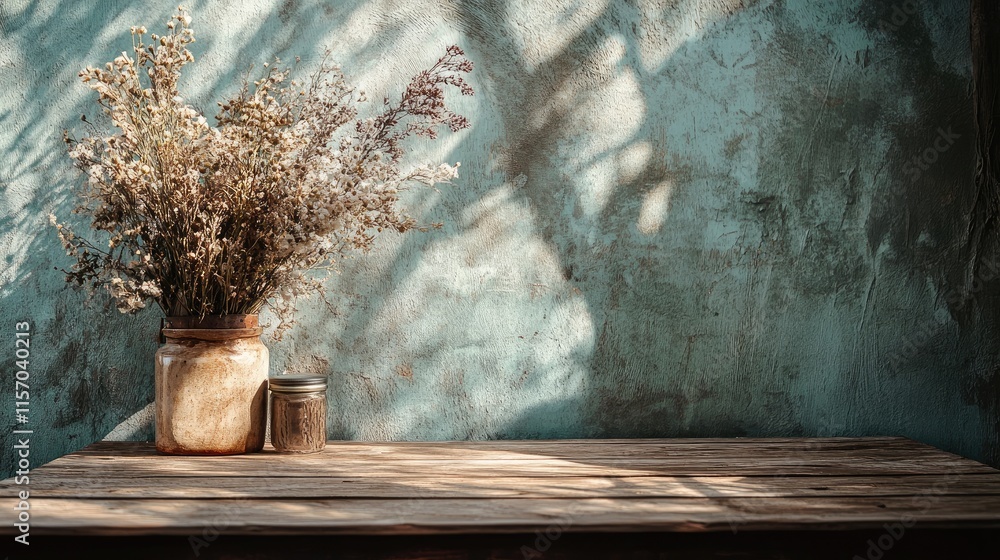 Aufkleber rustic wooden table adorned with dried flowers and textured background creating a warm, inviting amb