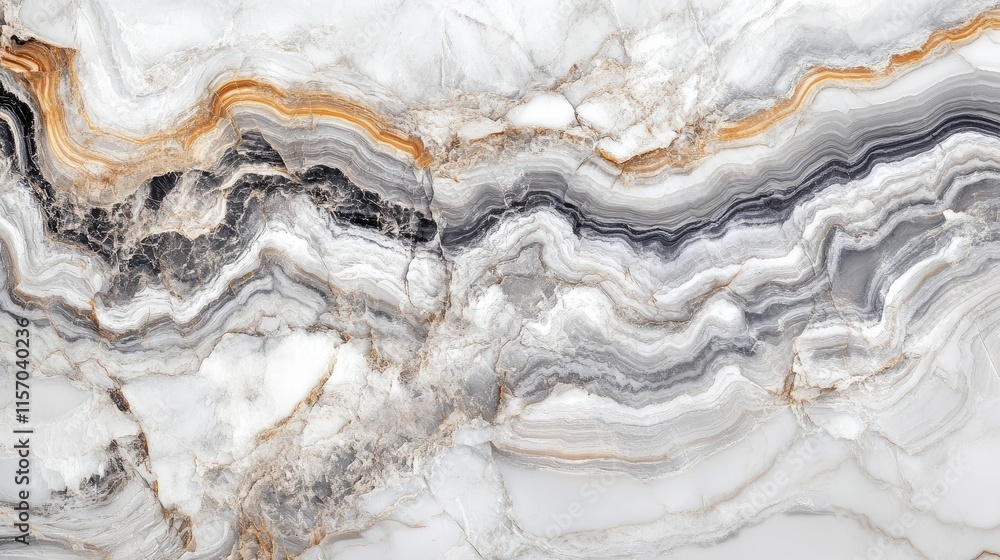 Poster Elegant white marble texture with intricate grey and gold veins for sophisticated design backgrounds and luxurious interiors.