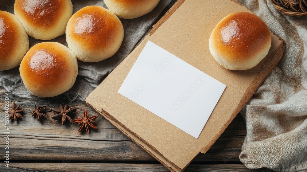 Poster wheat rolls with cinnamon for breakfast on wooden surface with blank card and star anise spices for 