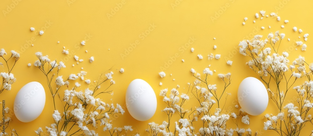 Poster white easter eggs arranged with delicate flowers on a vibrant yellow background creating a festive s