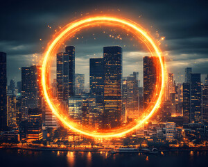 Futuristic cityscape at night with a vibrant, fiery ring encircling the skyscrapers, symbolizing innovation and progress.