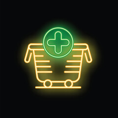 Obraz premium Neon green add to cart symbol glowing with yellow shopping cart on black background
