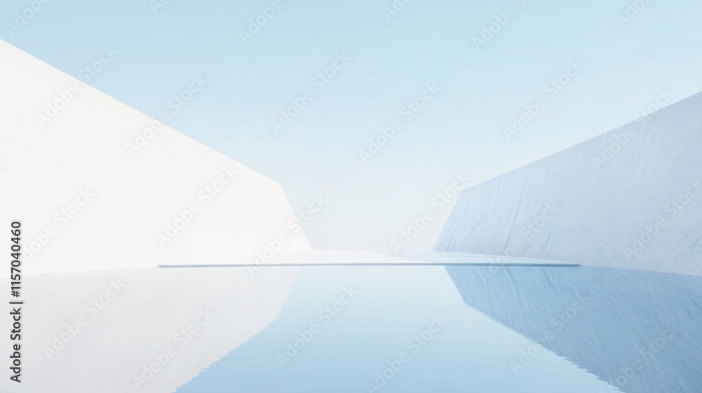 Poster minimalist structure with serene water reflection.