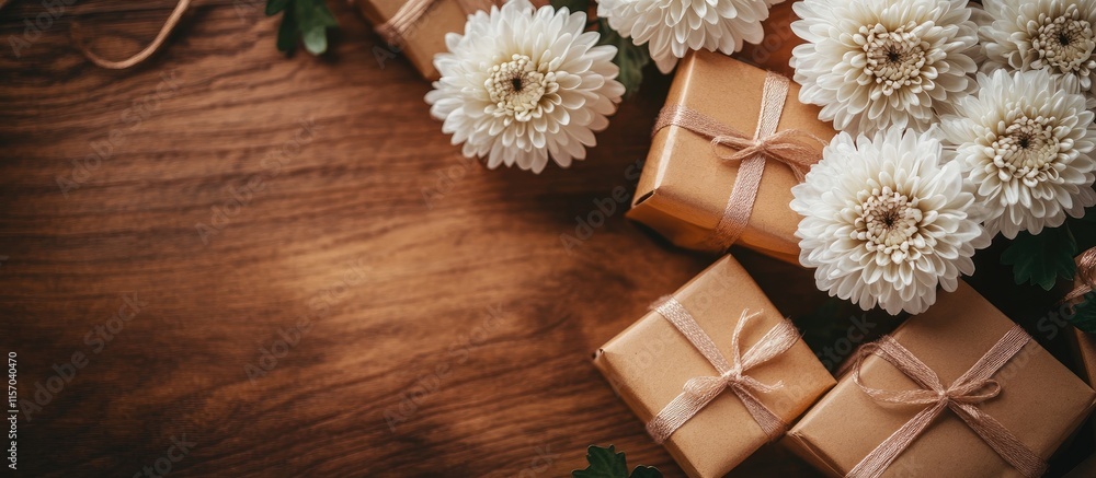 Poster charming white chrysanthemum flowers paired with elegant gift boxes on a rustic wooden table creatin