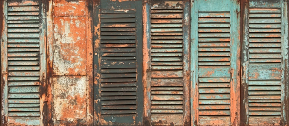 Aufkleber weathered shutters on rustic building facade highlighting vintage charm and intricate architectural 