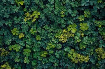 Lush Green Clovers and Leafy Plants Creating a Dense Natural Pattern in a Beautiful Tapestry of Nature from an Aerial Perspective in Vibrant Shades of Green