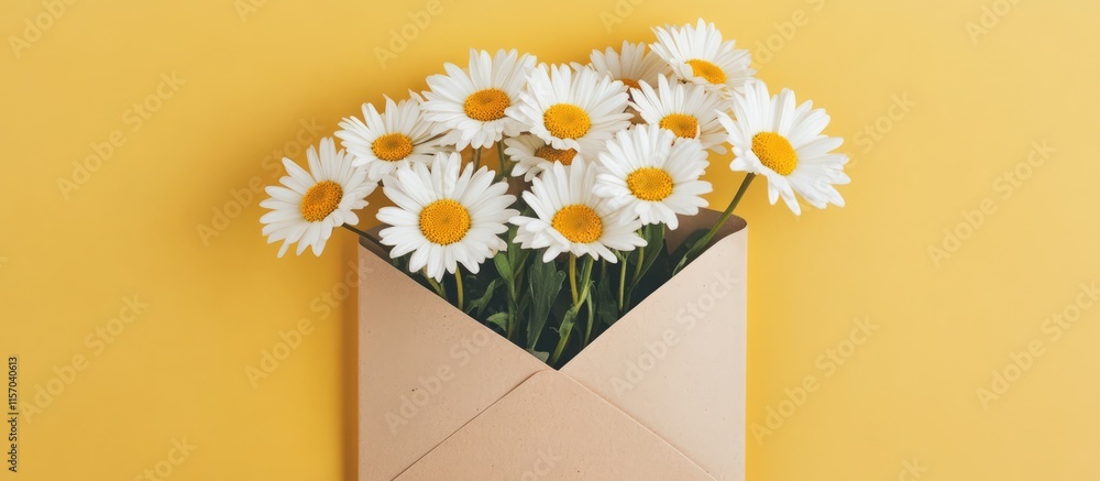 Aufkleber fresh white daisies in a paper envelope against a vibrant yellow background creating a cheerful flor