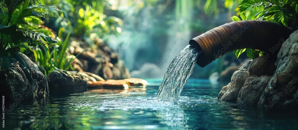 Poster water flowing from a pipe into a serene artificial lagoon surrounded by lush greenery and natural ro