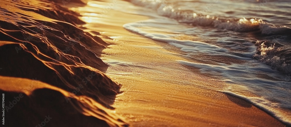 Poster tranquil ocean waves gently lapping against a sunlit sandy shore creating a serene beachscape perfec