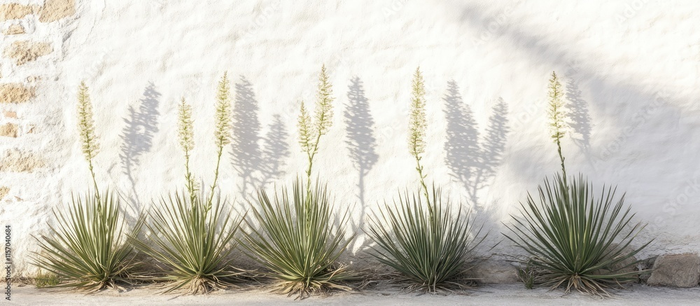 Poster minimalist white wall with gentle yucca leaf shadows creating a serene and tranquil atmosphere under