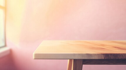 Minimalist wooden table by a window.