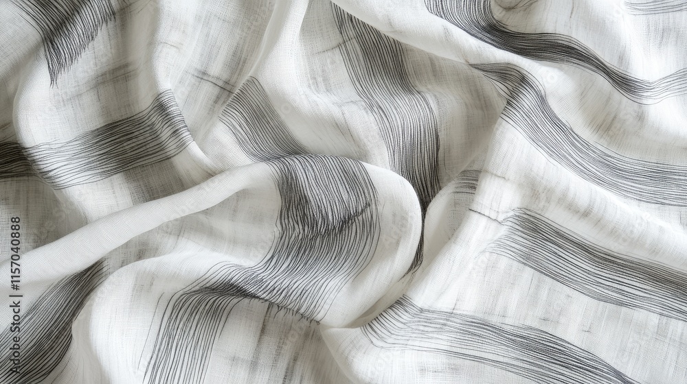 Poster elegant white silk fabric with subtle gray embossed stripes creating a sophisticated textile pattern