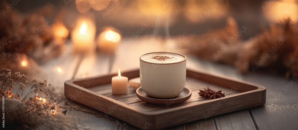Aufkleber warm cozy setting with a cup of frothy drink on a wooden tray alongside a candle and decorative elem