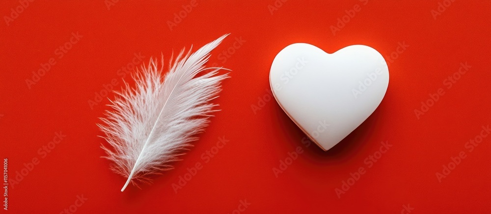 Poster white heart and feather on vibrant red background symbolizing purity love and tranquility in minimal