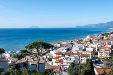 View on medieval small touristic coastal town Sperlonga and sea shore, Latina, Italy