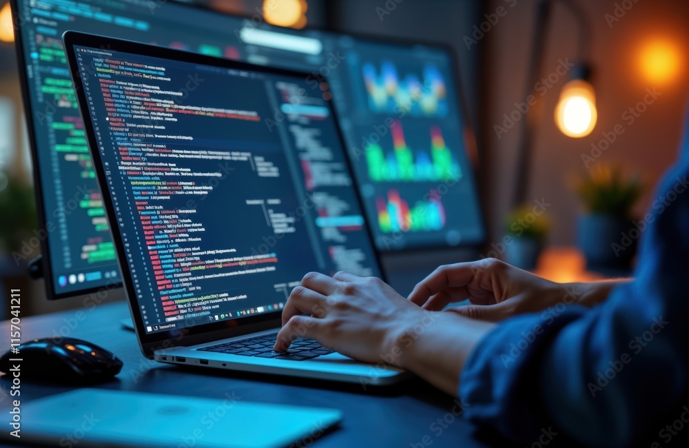 Leinwandbilder Person types on laptop with multiple screens showing code, data analysis charts. Person works on ai tech, complex data sets. Dedicated to data analysis, tech business solutions. Innovative developer