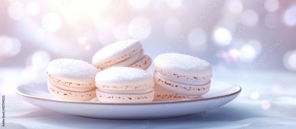 Poster elegant white macaroons displayed on a white plate with a soft backdrop ideal for bakery and dessert