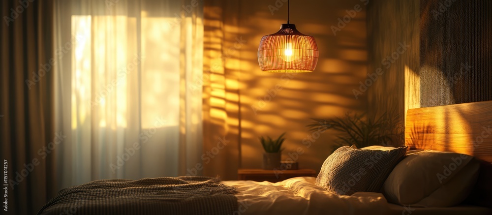 Poster Stylish ceiling lamp casts warm glow in cozy bedroom creating a relaxing and inviting atmosphere with soft shadows and natural light