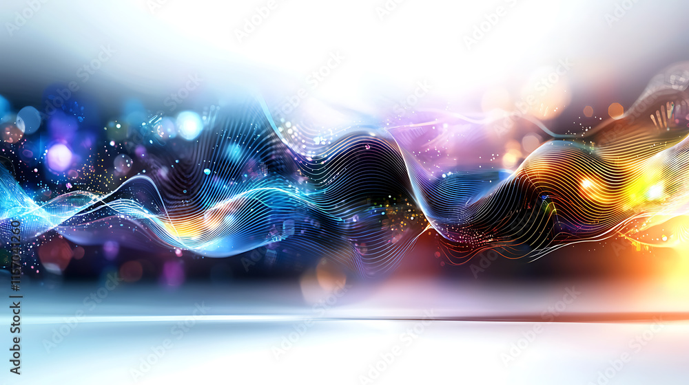 Poster dynamic light waves digital space abstract art colorful background wide angle visual harmony