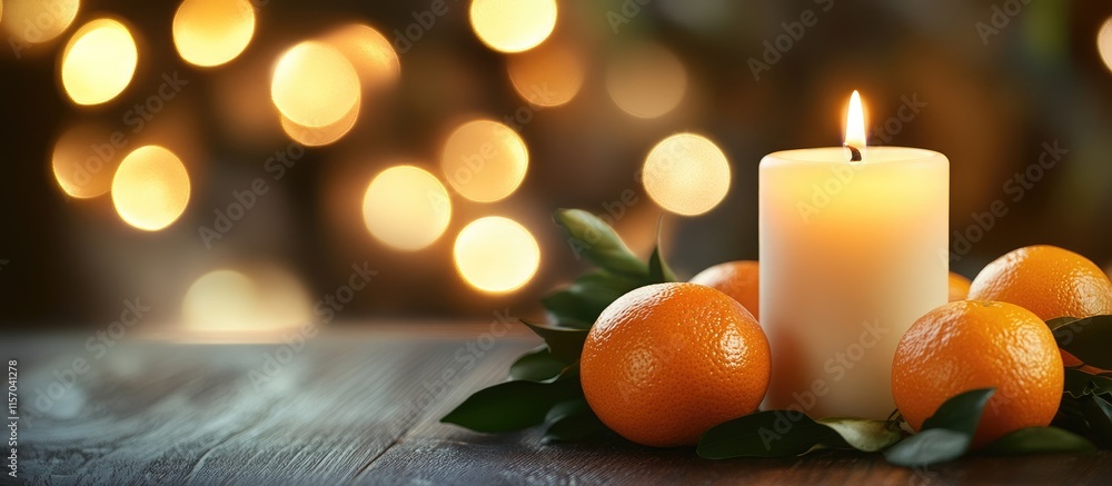 Poster candle and tangerines on wooden surface with blurred warm lights creating a cozy and festive atmosph