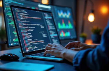 Person types on laptop with multiple screens showing code, data analysis charts. Person works on ai tech, complex data sets. Dedicated to data analysis, tech business solutions. Innovative developer