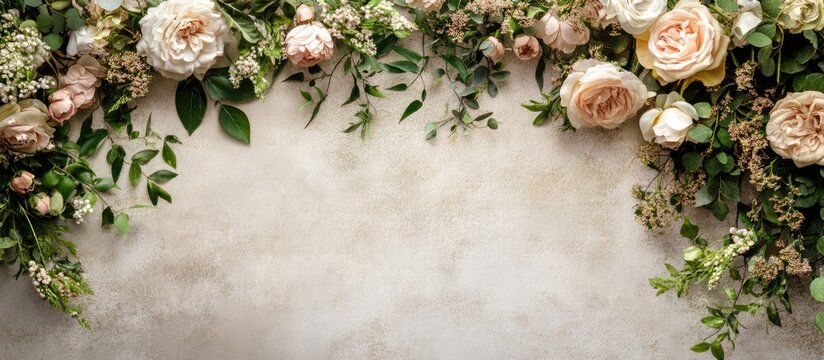 Elegant wedding backdrop adorned with fresh flowers and greenery perfect for personalized text or announcements on special occasions