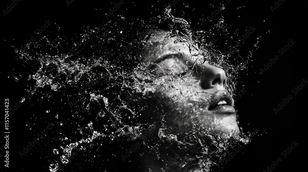 Leinwandbilder Dynamic water splash creating an ethereal effect on a dark background featuring a serene face in artistic black and white composition