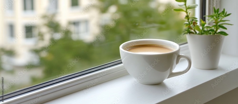 Poster cozy white coffee cup on windowsill with greenery background creating a serene homely atmosphere for
