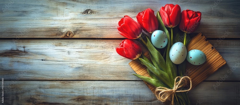 Poster vintage bouquet of red tulips with decorative eggs and string on rustic wooden surface for festive s