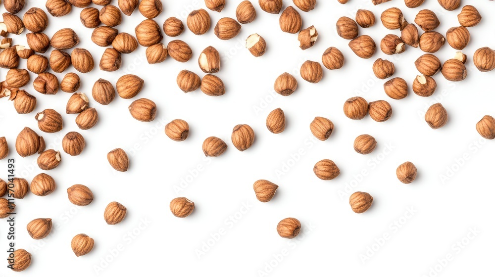 Poster walnut kernels scattered on a clean white background captured from a bird's eye perspective showcasi