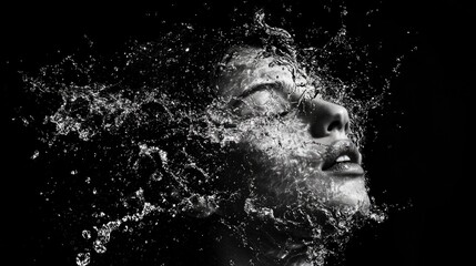 Dynamic water splash creating an ethereal effect on a dark background featuring a serene face in artistic black and white composition