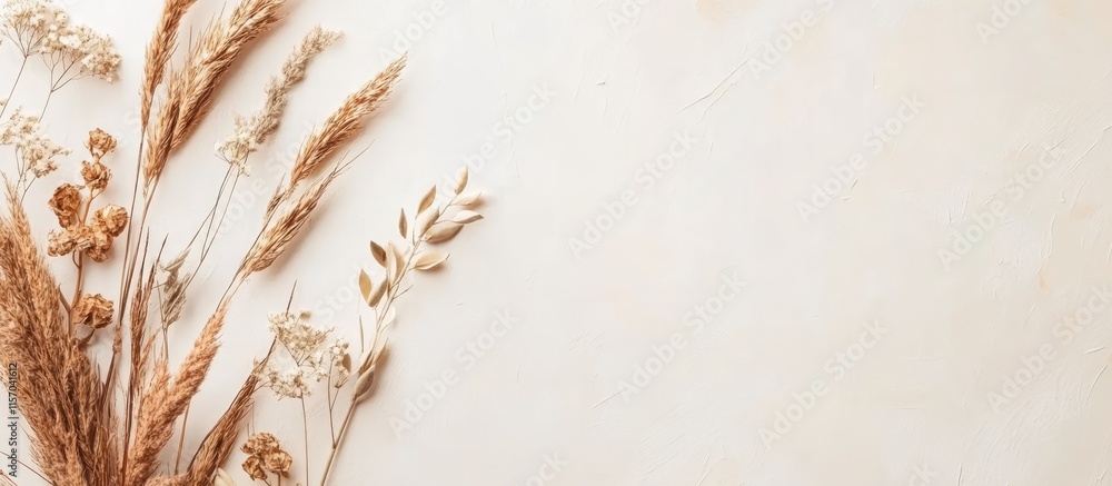 Poster elegant wedding invitation card mockup with dried flower decoration in flat lay style ideal for show