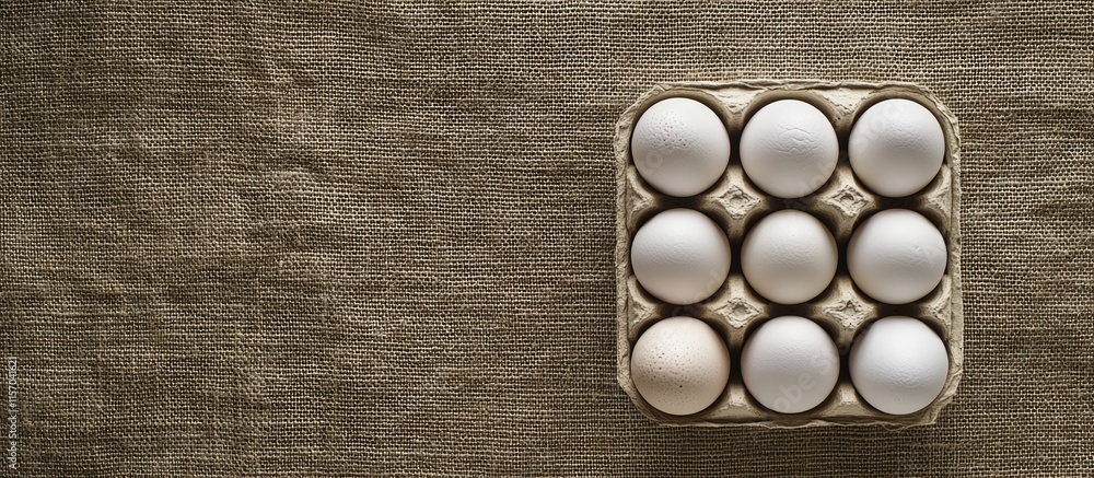 Aufkleber White chicken eggs in a ceramic carton on burlap backdrop with overhead view empty space for text or branding