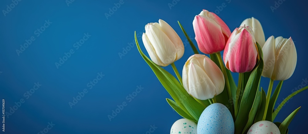 Aufkleber spring tulips with pink tips and decorative easter eggs on a vibrant blue backdrop creating a cheerf