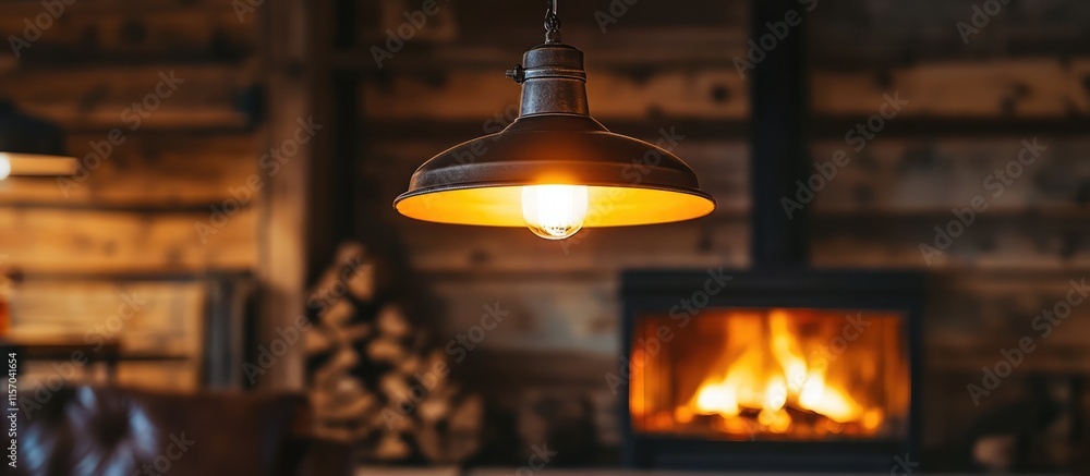 Poster cozy rustic office with vintage light fixture and glowing fireplace creating a warm inviting atmosph