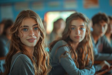 Two teenage girls sitting in a classroom, smiling with long hair and casual attire.