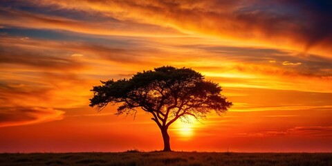 Serene Sunset: Lone Tree Silhouetted Against Warm Orange Sky