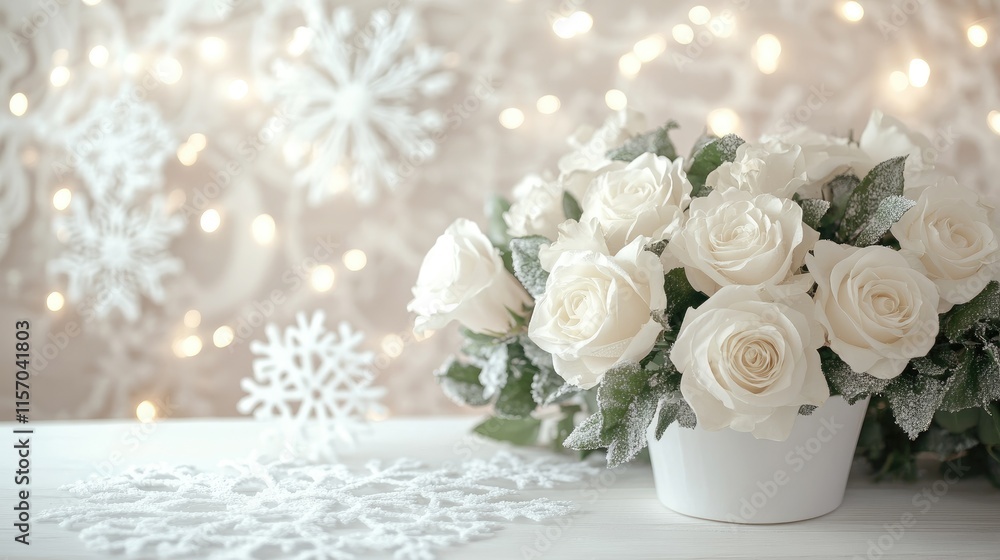 Aufkleber Elegant white roses in a decorative pot on a table with a snowflake backdrop and soft lighting creating a serene winter atmosphere.