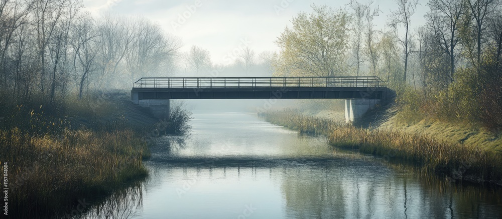 Poster serene waterway landscape featuring a bridge surrounded by misty trees and calm reflections in the w