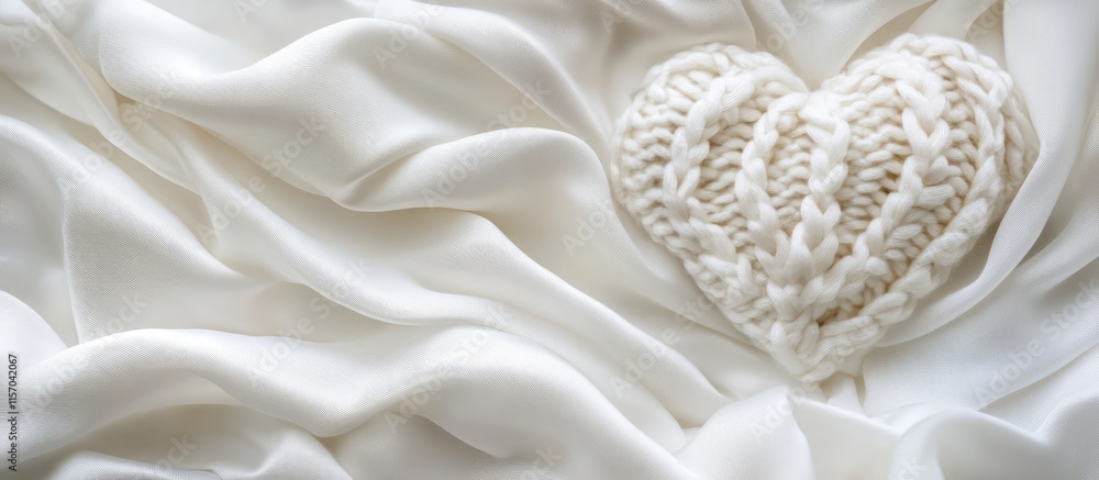 Poster elegant white silk fabric with soft folds and a textured knitted heart creating a serene and romanti