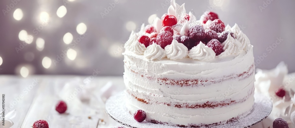Poster elegant multi-tier wedding cake adorned with white frosting and fresh raspberries set against a soft