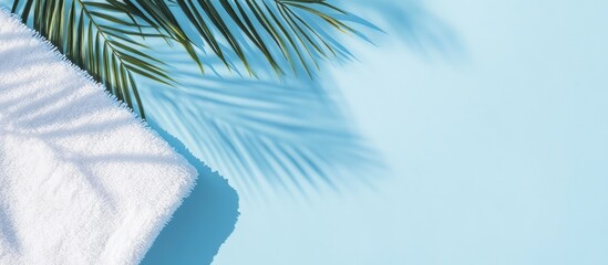 White towel elegantly placed on a tranquil blue background with tropical palm shadows perfect for vacation and relaxation themed marketing