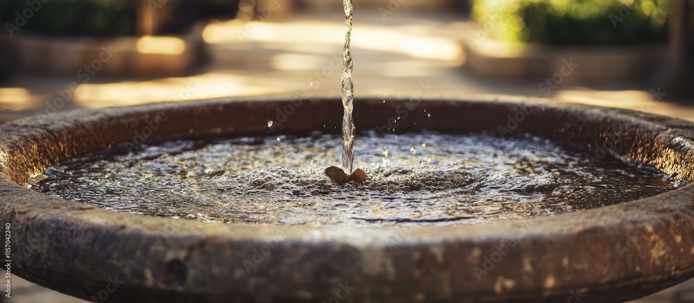 Poster serene water fountain with gentle ripples in a garden setting reflecting nature's tranquility and be