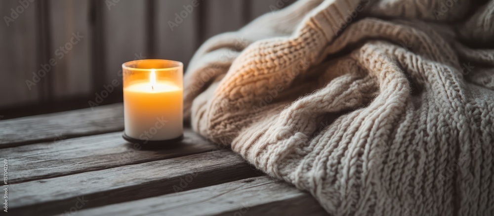 Poster cozy warm sweater on rustic bench with flickering candle creating a tranquil atmosphere in monochrom
